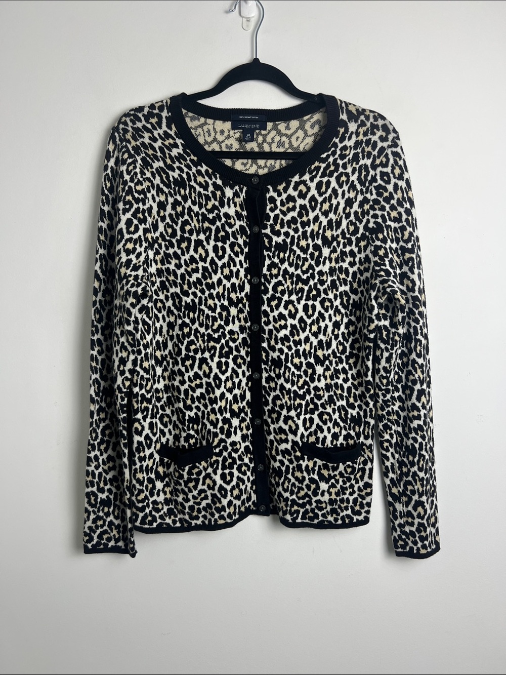 Lands' End Medium 100% Supima Cotton Black & Cream Leopard Print Knit‎ Cardigan